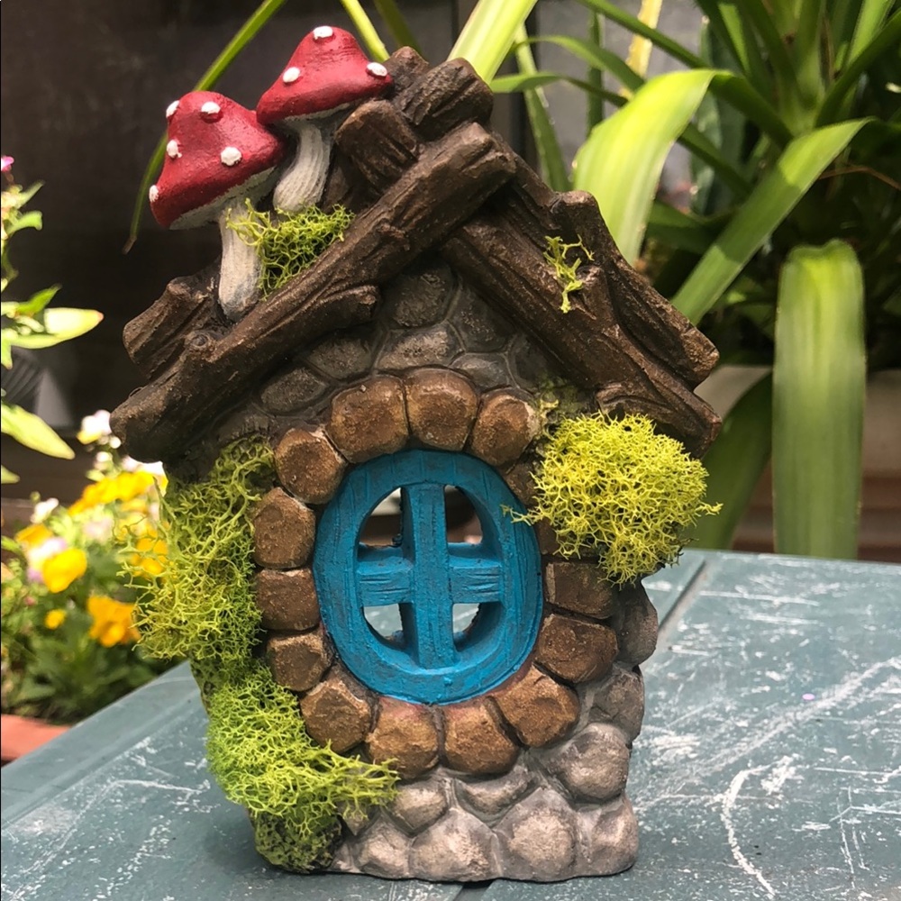 Whimsical Cement Stone Fairy House with Red Mushrooms 🍄 green Moss Hand Painted
